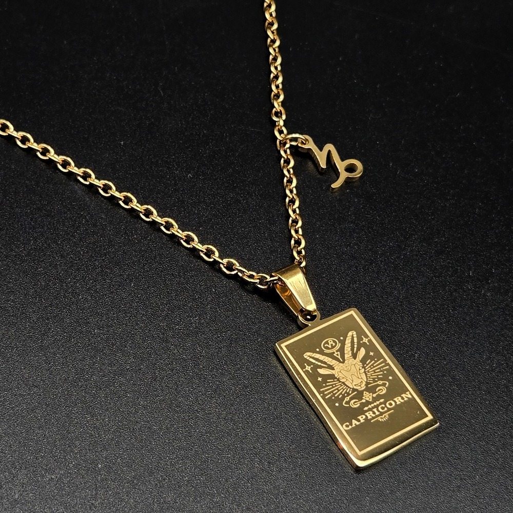 Gold Tone Capricorn Tarot Card Pendant Necklace Stainless Steel Zodiac Jewelry